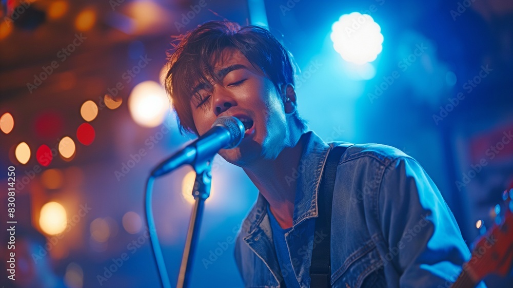 Asian youth, dressed in blue jeans, singing into a microphone. Asian youth, dressed in blue jeans, singing into a microphone.