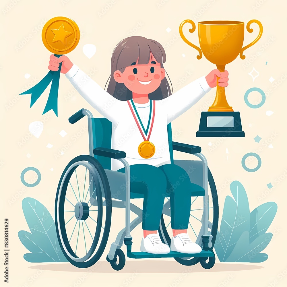 Champion Girl in Wheelchair Holding Trophy with Joyful Smile Champion Girl in Wheelchair Holding Trophy with Joyful Smile