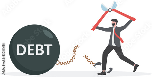 businessman use pliers to cut the chain and free himself from debt metal ball. Financial freedom concept.


