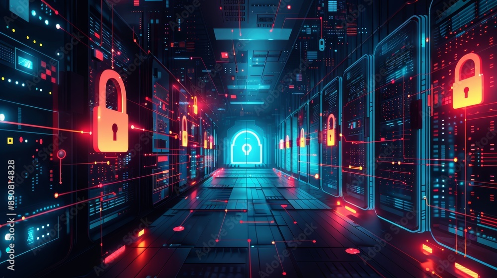 A futuristic data center corridor with digital locks, highlighting cybersecurity and data protection in a high-tech environment.