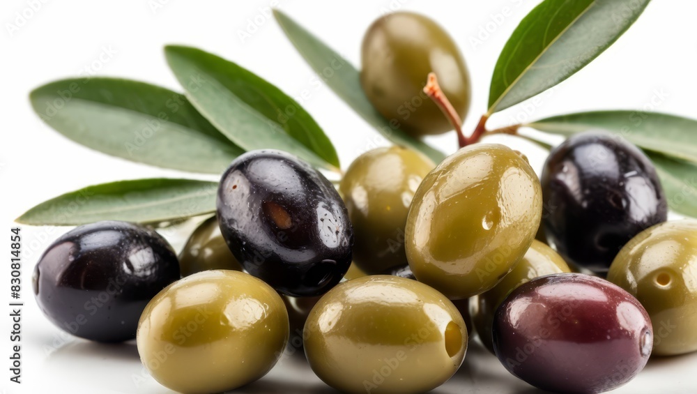 Close-up of olives with olive leaves, isolated on white 