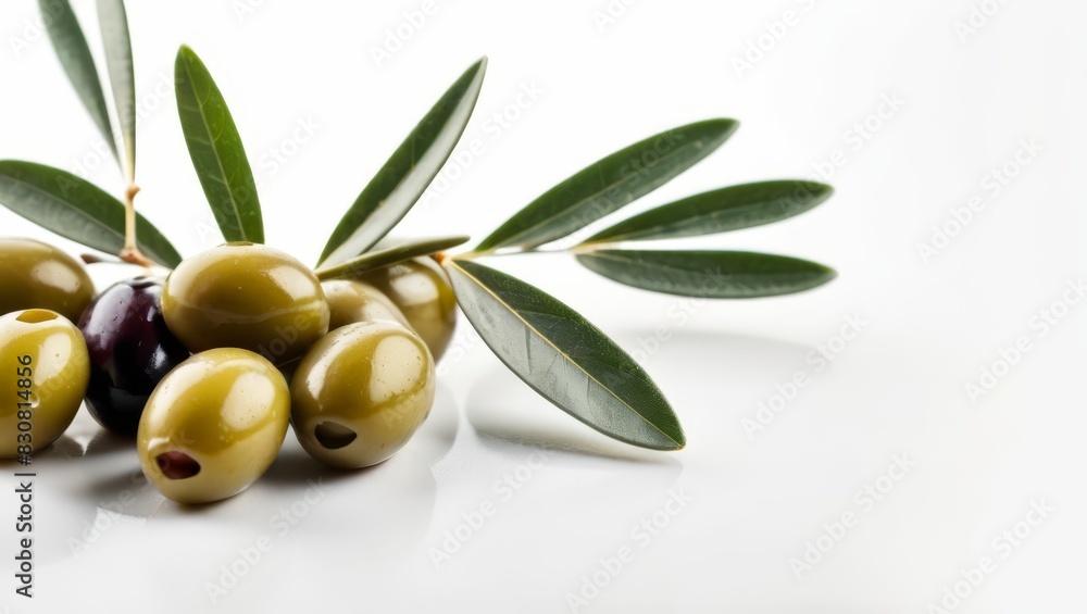 Close-up of olives with olive leaves, isolated on white Close-up of olives with olive leaves, isolated on white