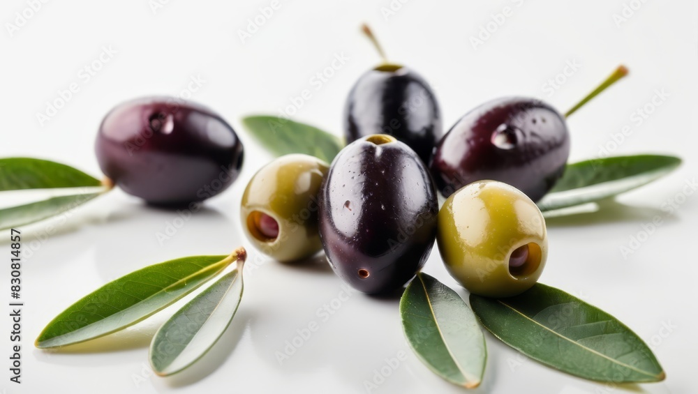 Close-up of olives with olive leaves, isolated on white Close-up of olives with olive leaves, isolated on white