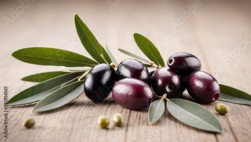 Close-up of olives with olive leaves  isolated on white 