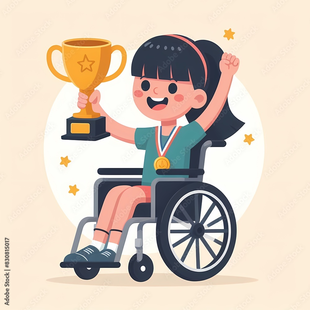 Champion Girl in Wheelchair Holding Trophy with Joyful Smile Champion Girl in Wheelchair Holding Trophy with Joyful Smile