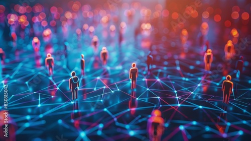 Abstract image showing interconnected figures in a glowing network, representing social media, networking, or technology connections. photo