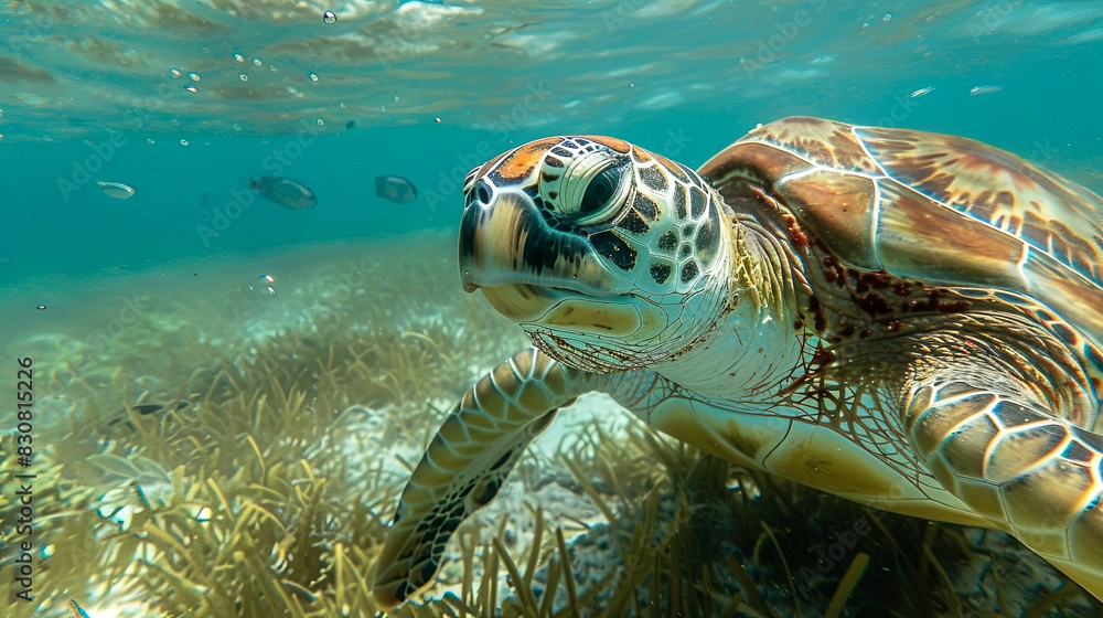 Fototapeta premium Explore the vibrant underwater world with this stunning close-up of a majestic sea turtle. Dive into oceanic beauty and marine life wonder. Generated AI