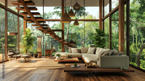 A modern eco-friendly living room with a wooden staircase. sustainable furniture  energy-efficient lighting  and large windows with views of nature.