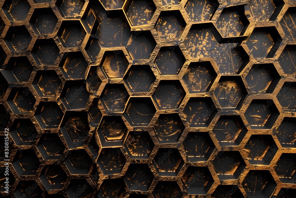 Geometric abstraction of golden hexagons on grunge background. Abstract decorative honeycombs. 