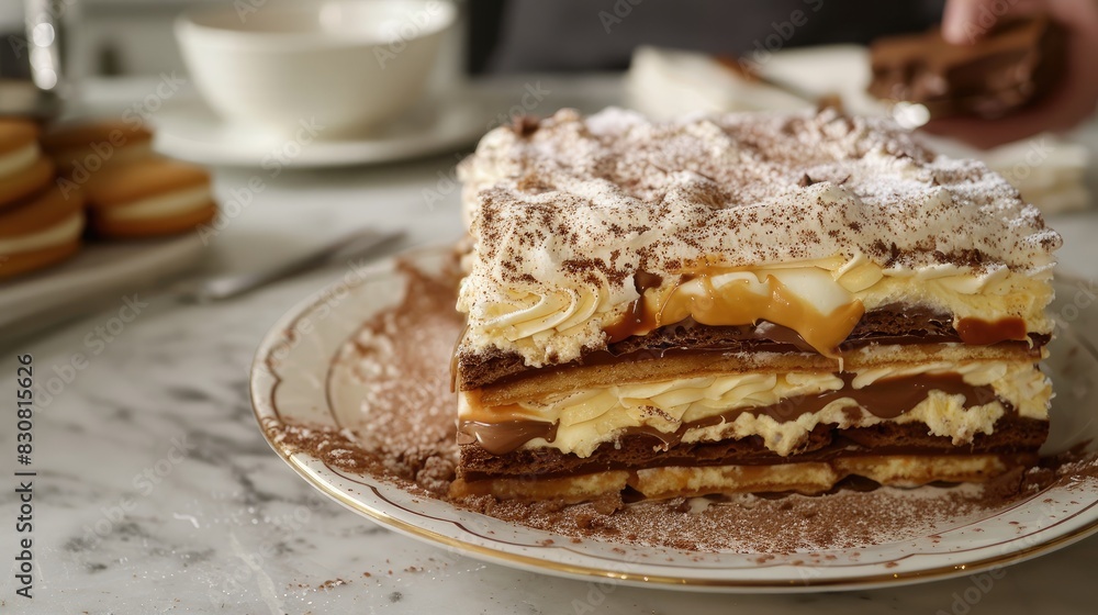 Arranging with sponge biscuits on top in Salted Caramel Chocolate Icebox Cake tutorial Arranging with sponge biscuits on top in Salted Caramel Chocolate Icebox Cake tutorial