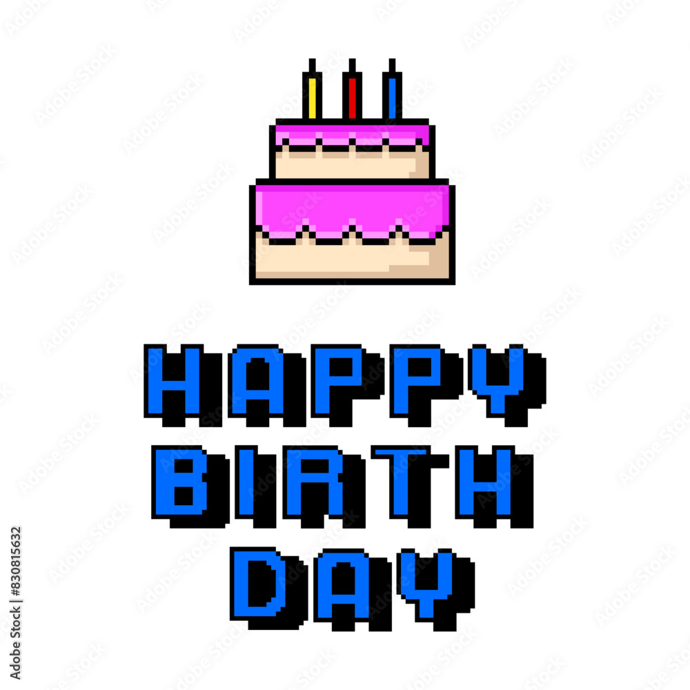 happy birthday card, pixel art postcard, cake, cake with candles 80s 90s old arcade game style, nostalgia, gift, vector illustration