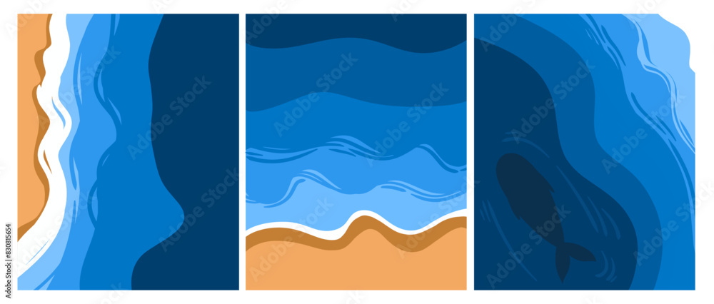 Top waves of ocean waves and sand. Waves reaching the shore. The top blows over the sea. vector illustration. A set of three postcards.