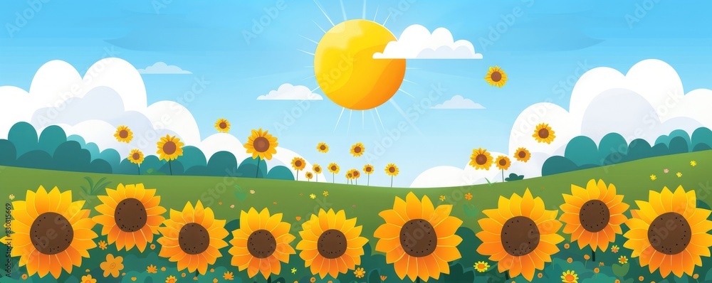 Happy Sunflower Field with Sunny Sky, illustrations, vacation time ,summer season. Happy Sunflower Field with Sunny Sky, illustrations, vacation time ,summer season.