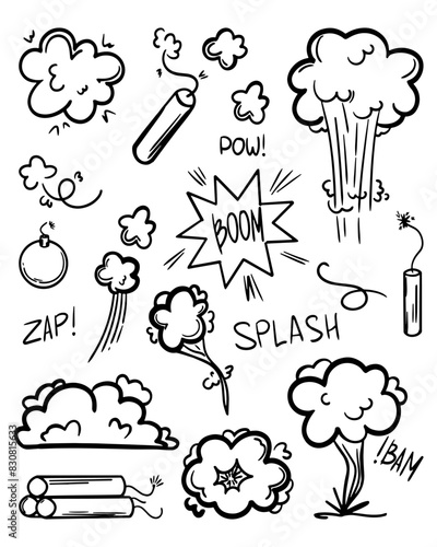 Comic doodle sketch style. Hand drawn explosion, bomb element. Explosion speech bubble with pow, boom, omg text. Vector illustration.