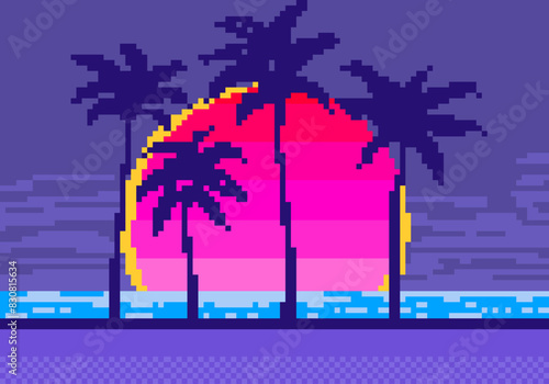 Vector Palm trees at sunset in pixel art style. 8 bit landscape of palm trees on the shore in the style of 90s video games.