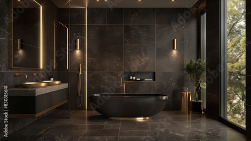 A luxurious modern washroom with dark, matte black tiles and gold accents. The space includes a freestanding bathtub with a gold faucet, a large vanity with a marble countertop, and a backlit mirror