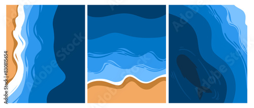 Top waves of ocean waves and sand. Waves reaching the shore. The top blows over the sea. vector illustration. A set of three postcards.