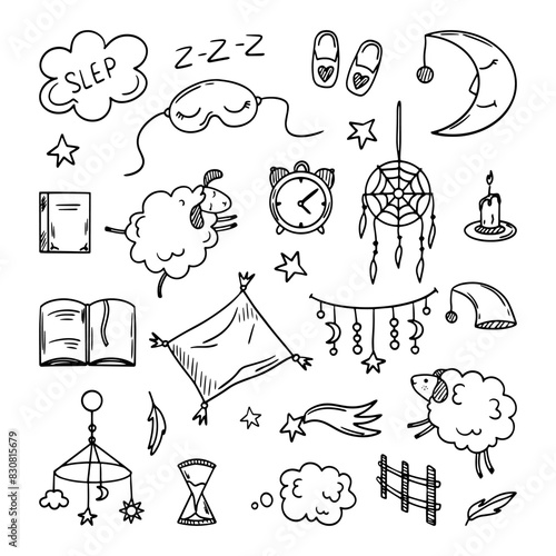 A set of elements for sleep, rest time, comfort at night. Hand drawn sketch style. Moon, cat, star, lamp element. Vector illustration