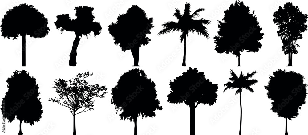 Fototapeta premium Tree silhouette vector set includes various tree types, palm, oak, and more. Perfect for nature designs, landscaping, and botanical illustrations