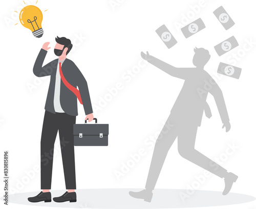 Businessman with idea bulb and his successful shadow get a lot of money. Business creativity concept.

