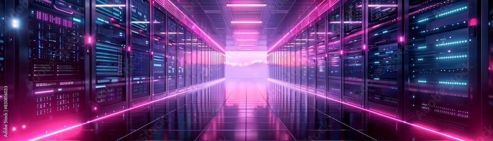 Futuristic server room with vibrant neon lights, showcasing advanced technology infrastructure for data storage and management.