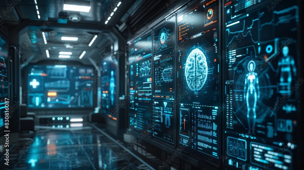 Futuristic technology interface with digital displays, holographic data, and a high-tech hallway, representing advanced artificial intelligence. Futuristic technology interface with digital displays, holographic data, and a high-tech hallway, representing advanced artificial intelligence.