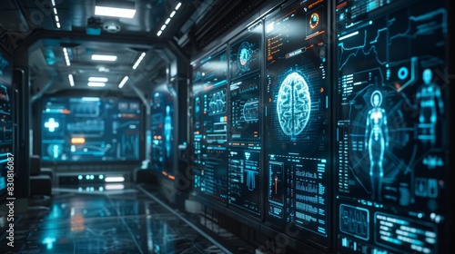 Futuristic technology interface with digital displays, holographic data, and a high-tech hallway, representing advanced artificial intelligence.