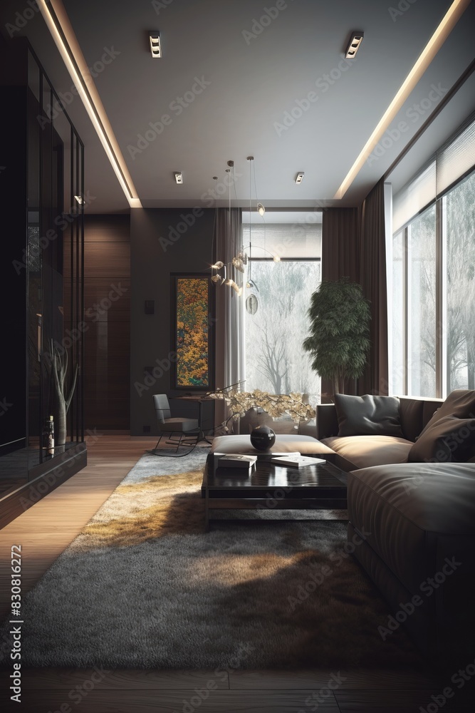 Fototapeta premium Traditional interior of living room in dark colors in modern house.