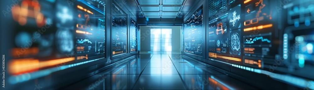 Futuristic data center with advanced technology, modern servers, and glowing screens in a high-tech environment. Concept of digital innovation. Futuristic data center with advanced technology, modern servers, and glowing screens in a high-tech environment. Concept of digital innovation.