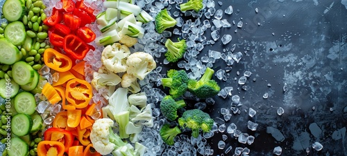 Assortment of frozen vegetables on ice. Food supplies. View from above. place for text.