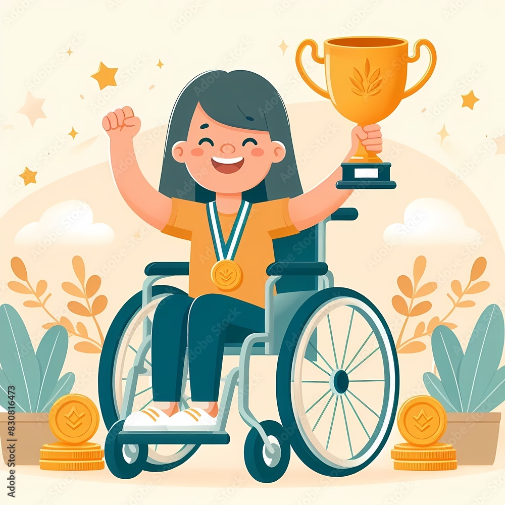Champion Girl in Wheelchair Holding Trophy with Joyful Smile Champion Girl in Wheelchair Holding Trophy with Joyful Smile