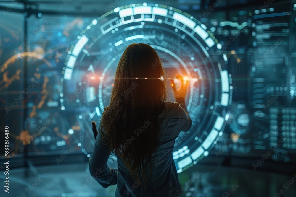 Futuristic presentation by businesswoman, holographic interface, professional and innovative, hightech meeting, highquality image, dynamic and modern Futuristic presentation by businesswoman, holographic interface, professional and innovative, hightech meeting, highquality image, dynamic and modern