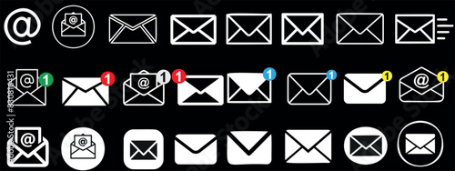 Email icon set with envelopes, notifications, and mail vector symbols. Ideal for communication, messaging apps, websites, and graphic designs photo