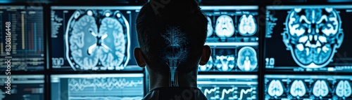 Silhouette of a person analyzing brain scans on multiple screens in a dimly lit, high-tech environment focused on neuroscience. photo