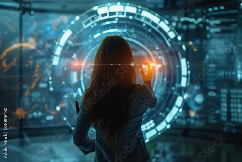 Wallpaper Mural Futuristic presentation by businesswoman, holographic interface, professional and innovative, hightech meeting, highquality image, dynamic and modern Torontodigital.ca