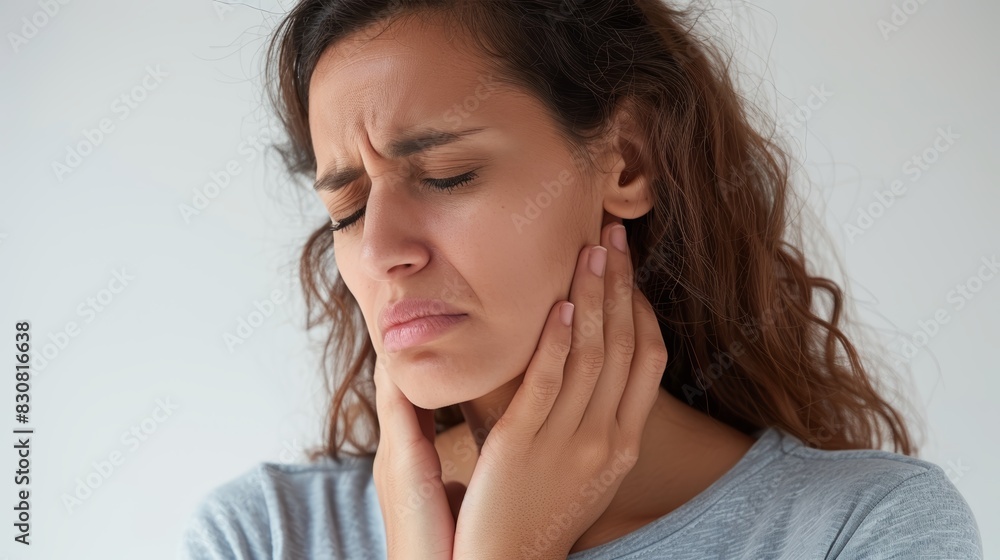 Woman with toothache holding her face in pain. Dental problem concept. Close-up portrait on white background. Woman with toothache holding her face in pain. Dental problem concept. Close-up portrait on white background.