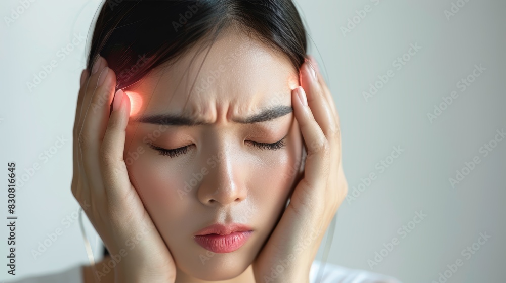 Young woman experiencing a headache, holding her temples with her hands, expressing discomfort and pain, indoors with neutral background. Young woman experiencing a headache, holding her temples with her hands, expressing discomfort and pain, indoors with neutral background.