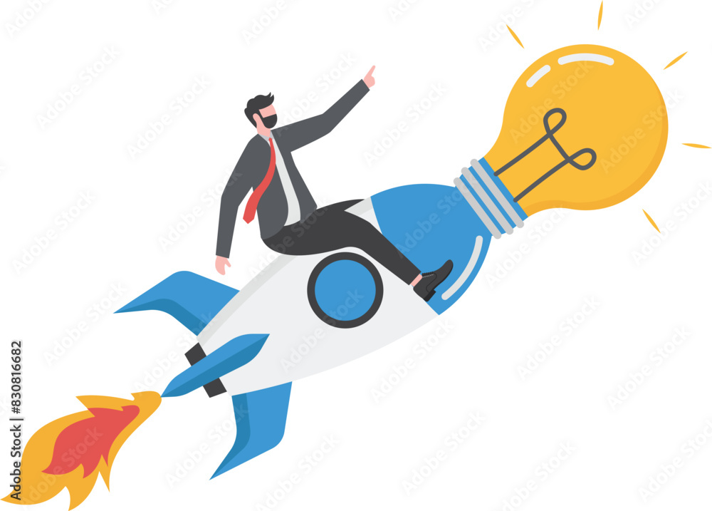 Happy businessman standing on rocket ship with idea light bulb flying through the sky. Start up business idea concept.
Happy businessman standing on rocket ship with idea light bulb flying through the sky. Start up business idea concept.
