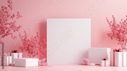 White blank paper with a pink background, flanked by packages of different sizes and shapes, with copy space