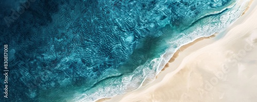 Aerial View of Ocean Waves Meeting Sandy Beach, illustrations, vacation time ,summer season. photo