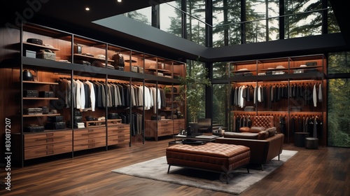 Male wardrobe with wooden furniture in luxurious forest house. © tynza