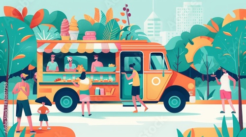 Summer Food Truck in the City Park  illustrations  vacation time  summer season.