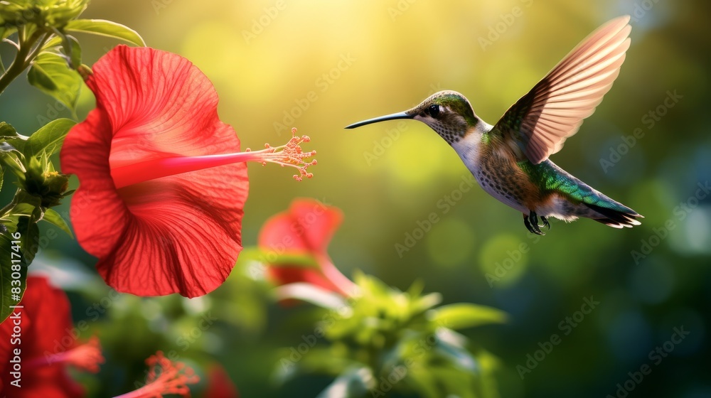 Fototapeta premium Playful Hummingbird Hovering Near Red Hibiscus Flower in Tropical Garden