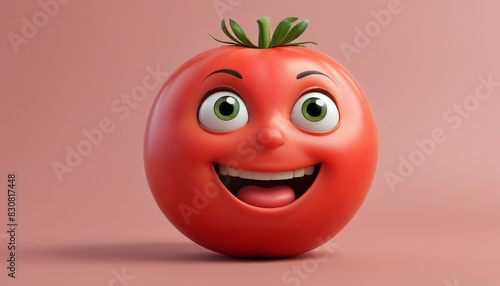 3D render of a smiling tomato cartoon character with large eyes and a joyful expression, set against a soft pink background, perfect for playful designs.