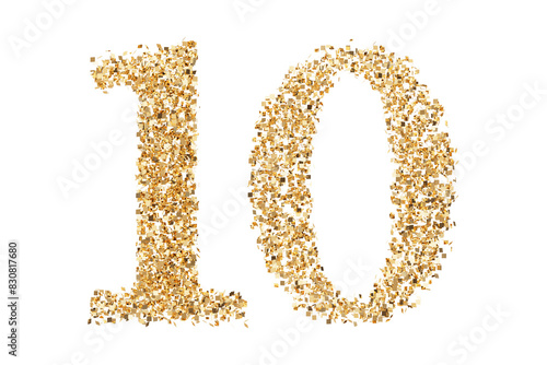 Gold Golden Glitter Glitters, Number 10 Ten. Isolated on White Background and Transparent PNG.