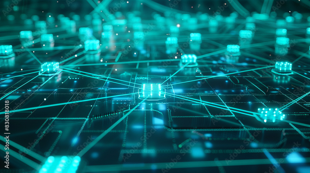 Abstract logistics nodes linked by the inviting glow of pale turquoise connections, Abstract logistics nodes linked by the inviting glow of pale turquoise connections,