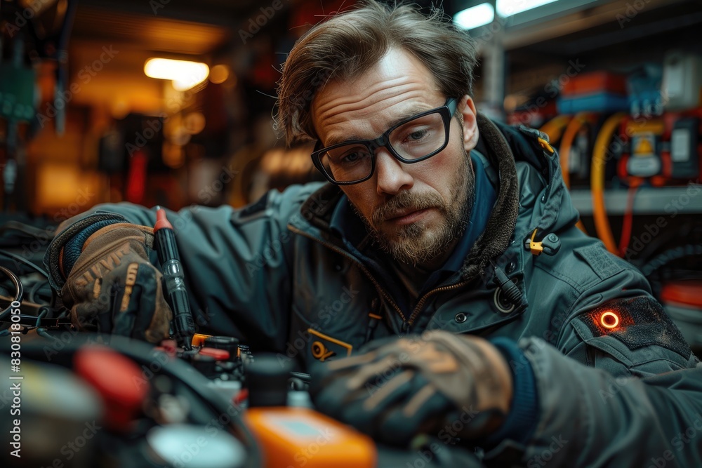 A focused mechanic works on a vehicle in a dimly lit garage, inspecting wires and using tools to diagnose a problem. A focused mechanic works on a vehicle in a dimly lit garage, inspecting wires and using tools to diagnose a problem.