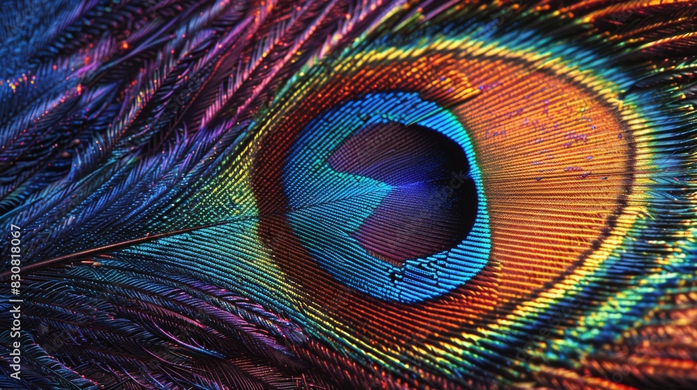 Fototapeta premium A close-up of a vibrant peacock feather with its stunning iridescent colors.