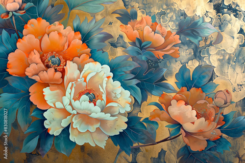 Blooming peony flower illustration, national trend peony landscape illustration