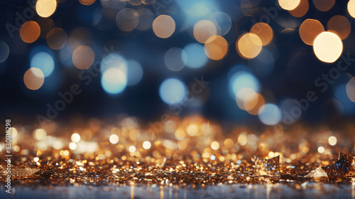 Festive abstract Christmas glitter texture, colorful bokeh particles and highlights on background